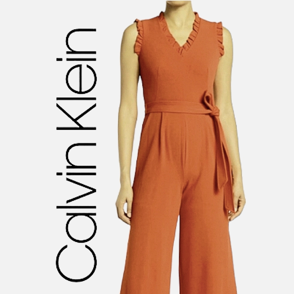 CALVIN KLEIN Sleeveless Ruffle-Trim Cropped Jumpsuit in Burnt Orange 4 NWT